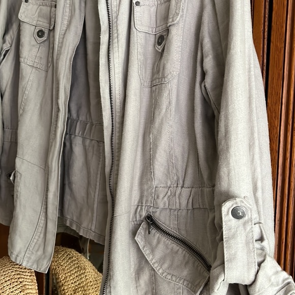 Inc 100% linen military utility jacket women’s size XL Tan roll sleeve - Picture 2 of 7